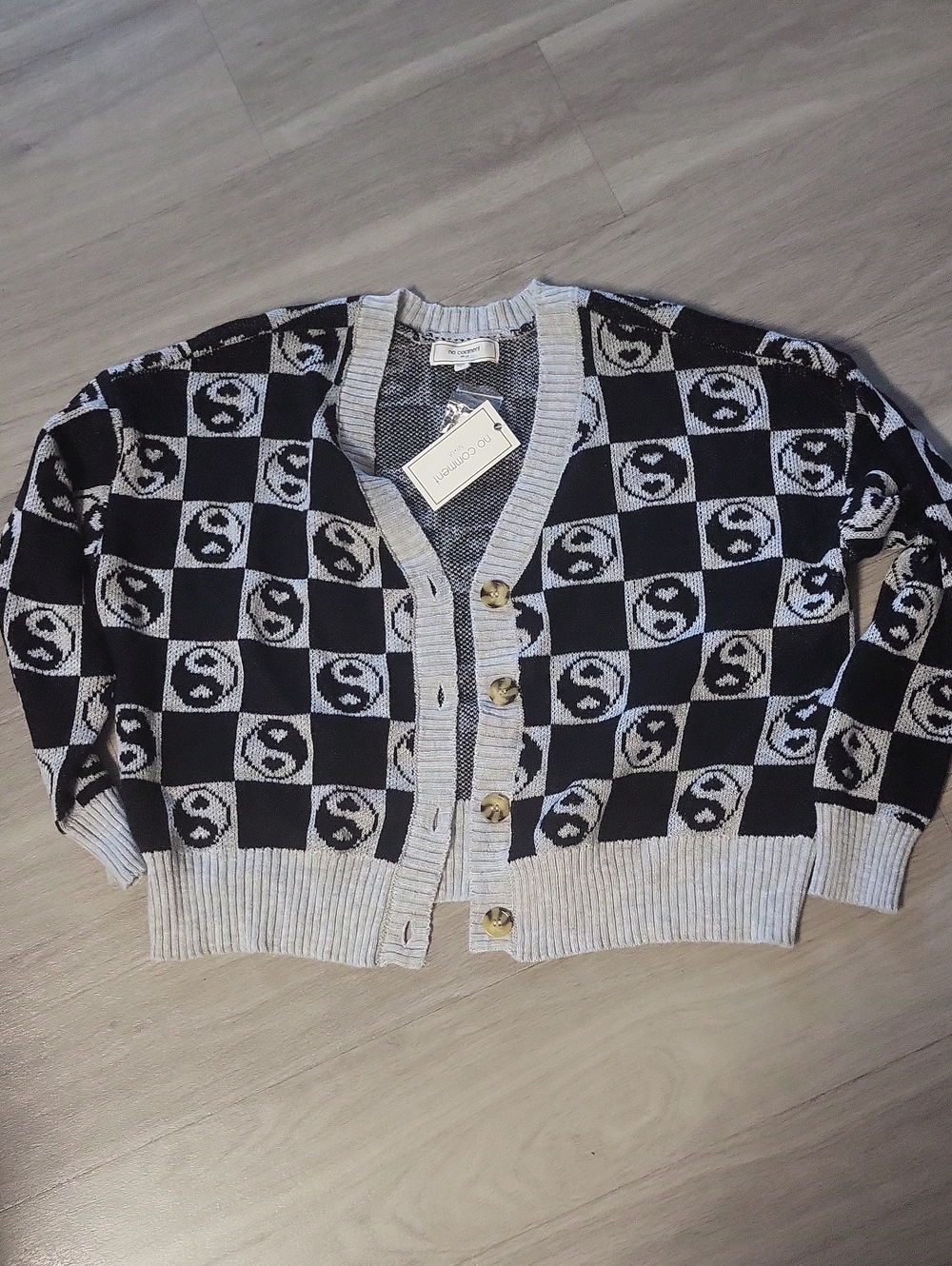 Checker Jacquard Button-Front Cardigan in Black and Light Gray